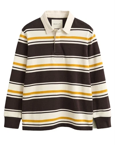 Gant - Striped Heavy Rugger Polo - Charred Wood Brown